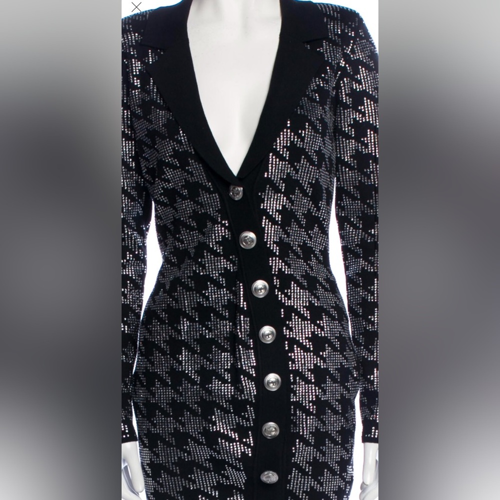 NWT Retrofete Mimi Rib Knit stretch Dress Houndstooth Rhinestone 90s Glam L